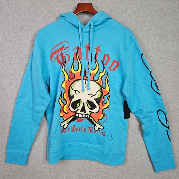 Ed Hardy Hoodie Mens Medium Baby Blue Pullover Flaming Skull Tattoo Fire - Picture 3 of 7